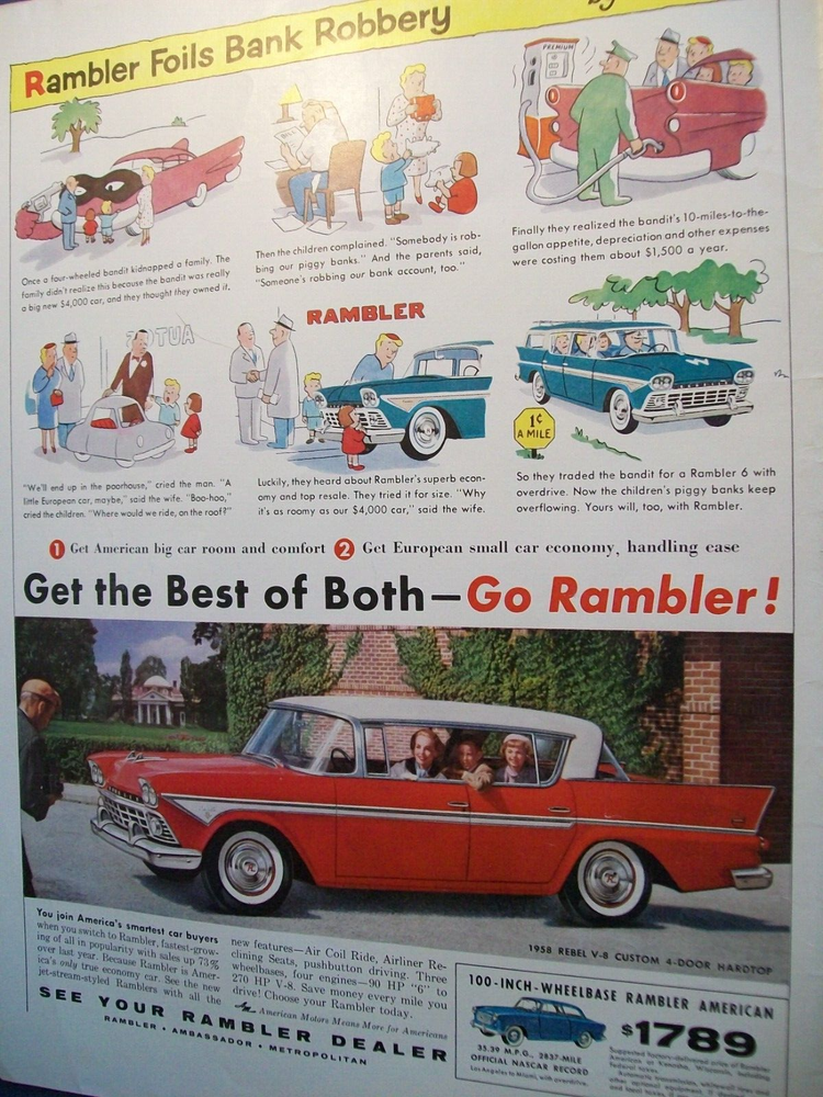 1958 Rambler Rebel V-8 Custom - Chon Day art - mag ad