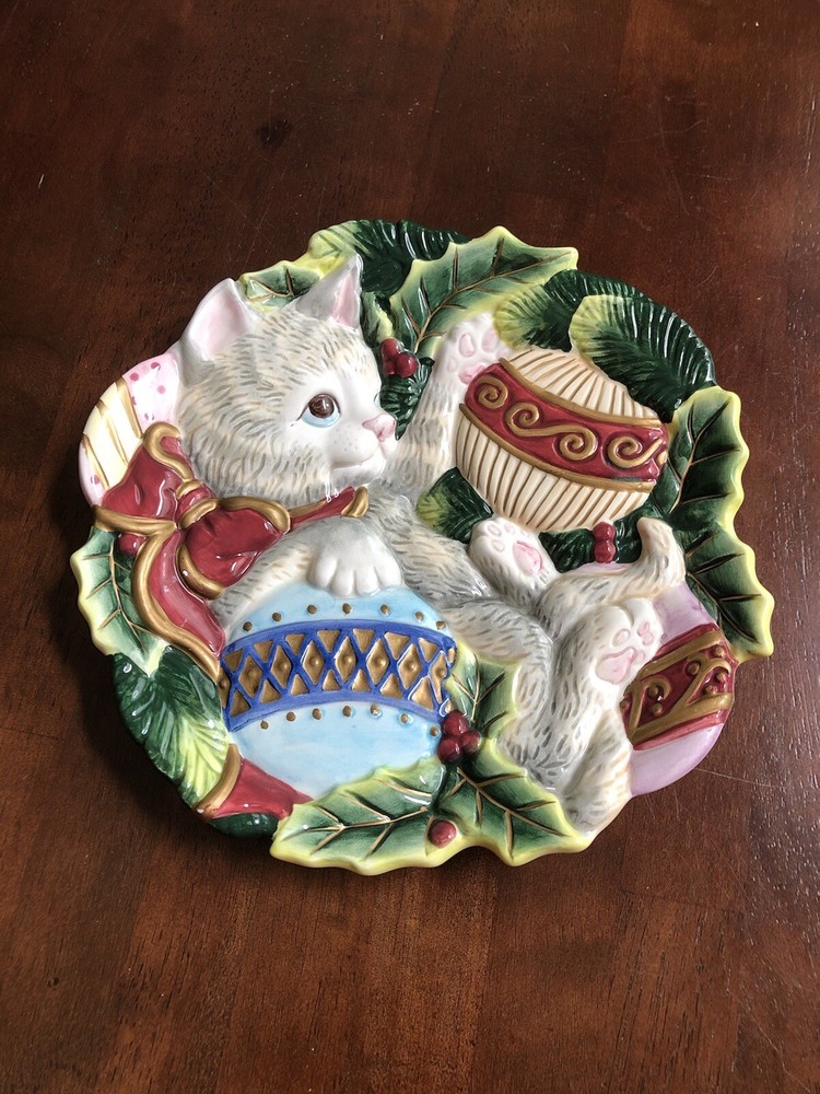 VINTAGE FITZ & FLOYD Christmas Decorative Plate Kitten With Ornament EUC