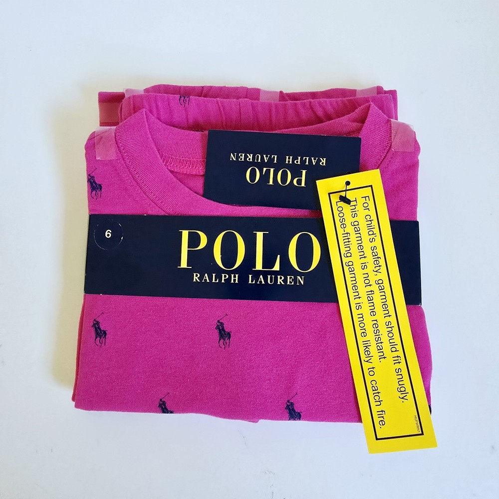 Polo Ralph Lauren Kids Girls Pink Pajama set All Over Pony Cotton Jersey & Pants