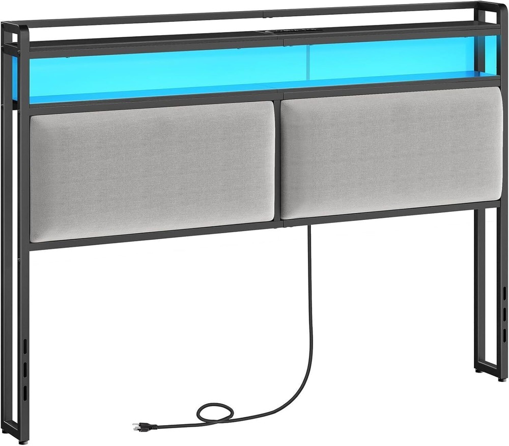 Queen Size Upholstered Headboard Storage Headboard w/Adjustable LED Lights Black