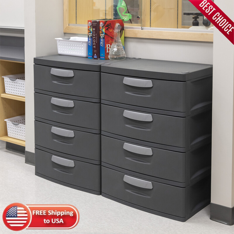 4 Drawer Unit Plastic Garage Cabinets Storage Large-Capacity Flat Organizer Gray