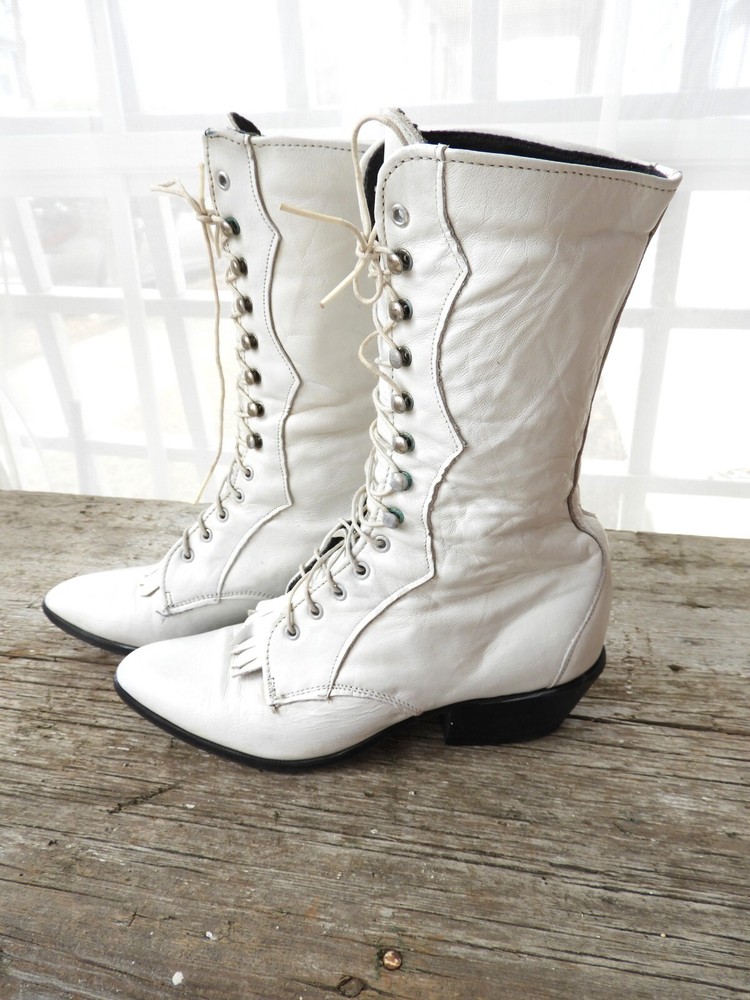 1980's Loredo Leather White Victorian Style Prairie Boots Speed Lace Pointed 5M