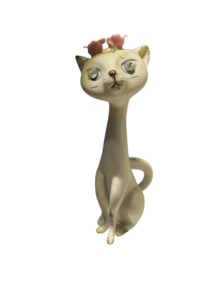 Vtg Lefton  Porcelain Cat Figurine With Clear Rhinestone Eyes 5 1/2' Tall #3212