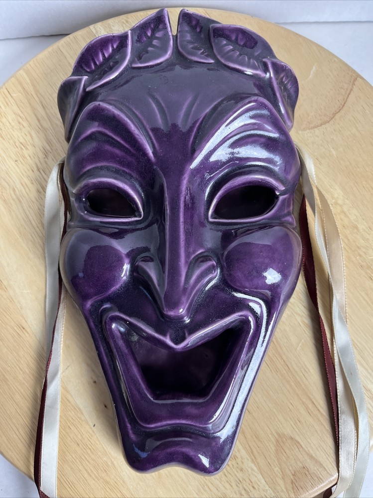 Vintage Purple Ceramic Greek Laurel Wreath Theater Mask Wall Decor 11 Inch