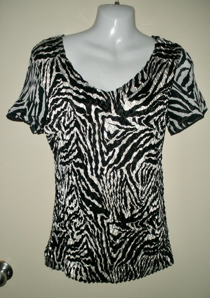 #35 Cato Blouse Women L Animal Zebra Print Black White Stretch Crinkle Pleat
