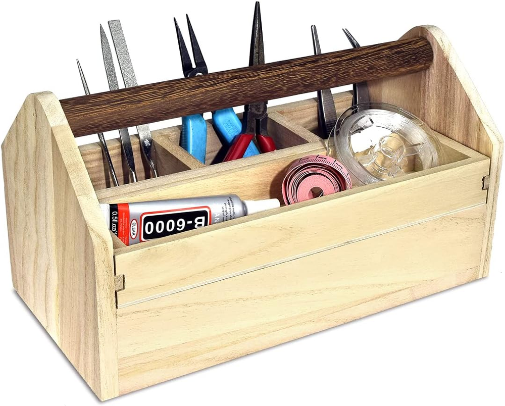 Small Natural Wooden Craft Tool Box Caddy with Handle  