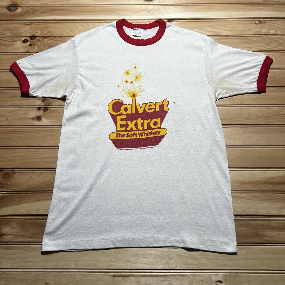 Vintage 70s 80s Calvert Extra Soft Whiskey Ringer Tee Size Large