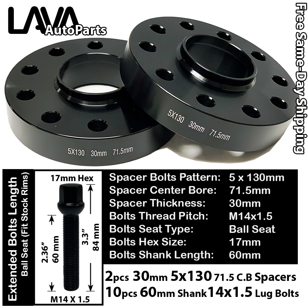 2PC 30MM THICK 5X130 71.5MM C.B WHEEL SPACER+14X1.5 BOLT FIT AUDI VW PORSCHE