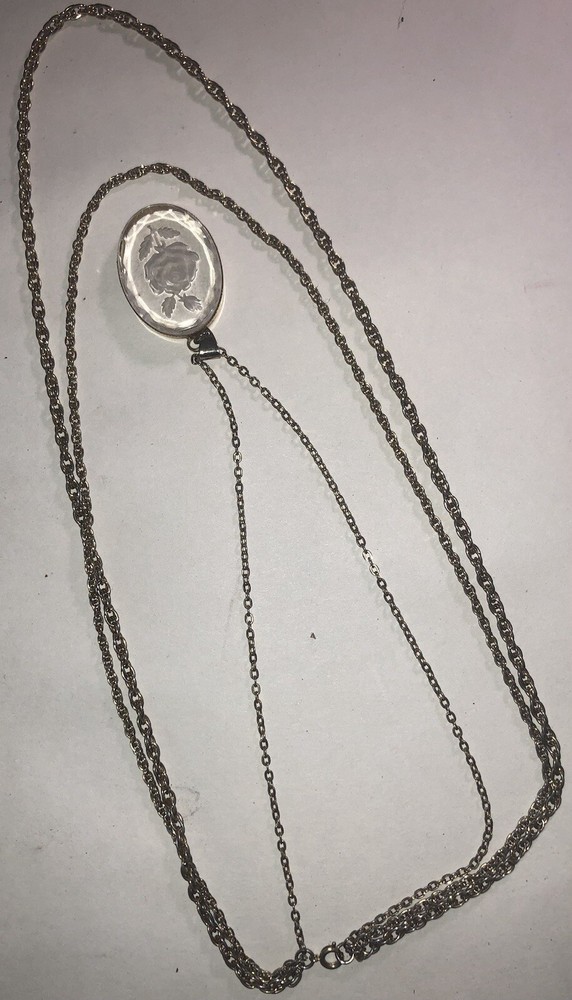 Costume Jewelry Triple Chain Set Glass Engraved Flower Pendant