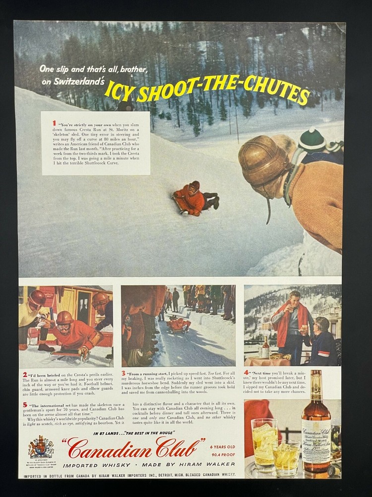 1952 Skeleton Race Ad for Canadian Club Whisky, Winter Olympics, 80 MPH Speed-image