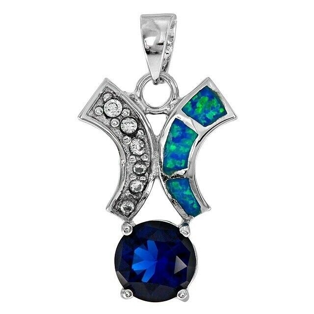 2CT Treated Blue Sapphire & Australian Opal Inlay 925 Sterling Silver Pendant