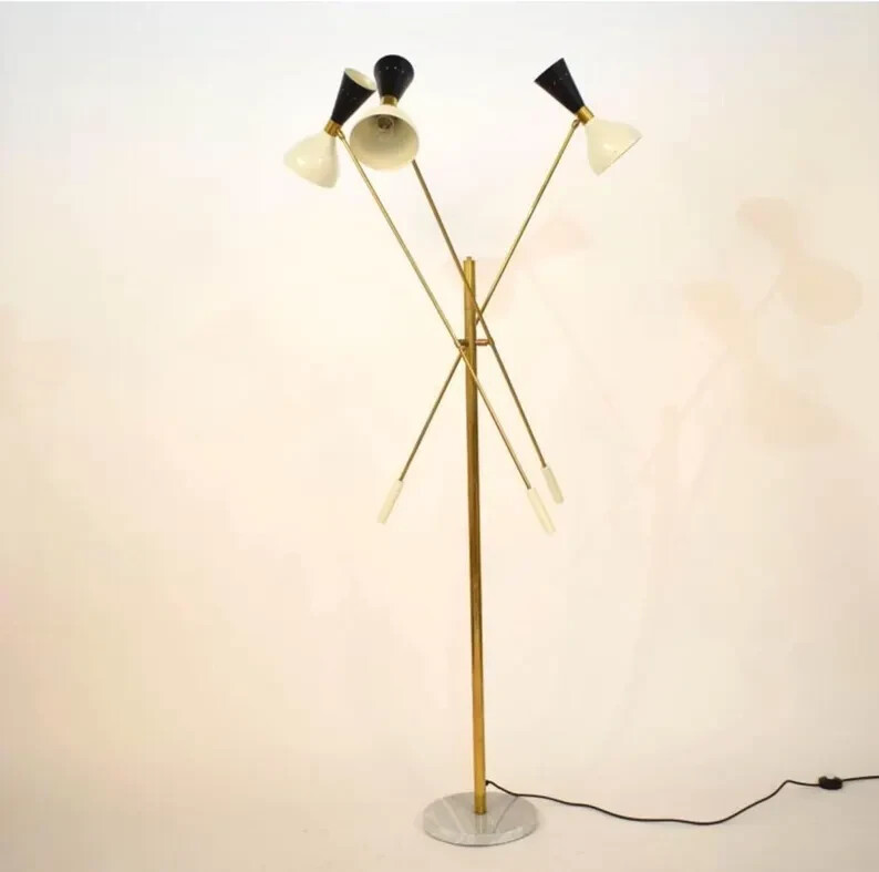 Mid Century Stilnovo Style Italian Modern Floor Lamp With Three Brass Arm.