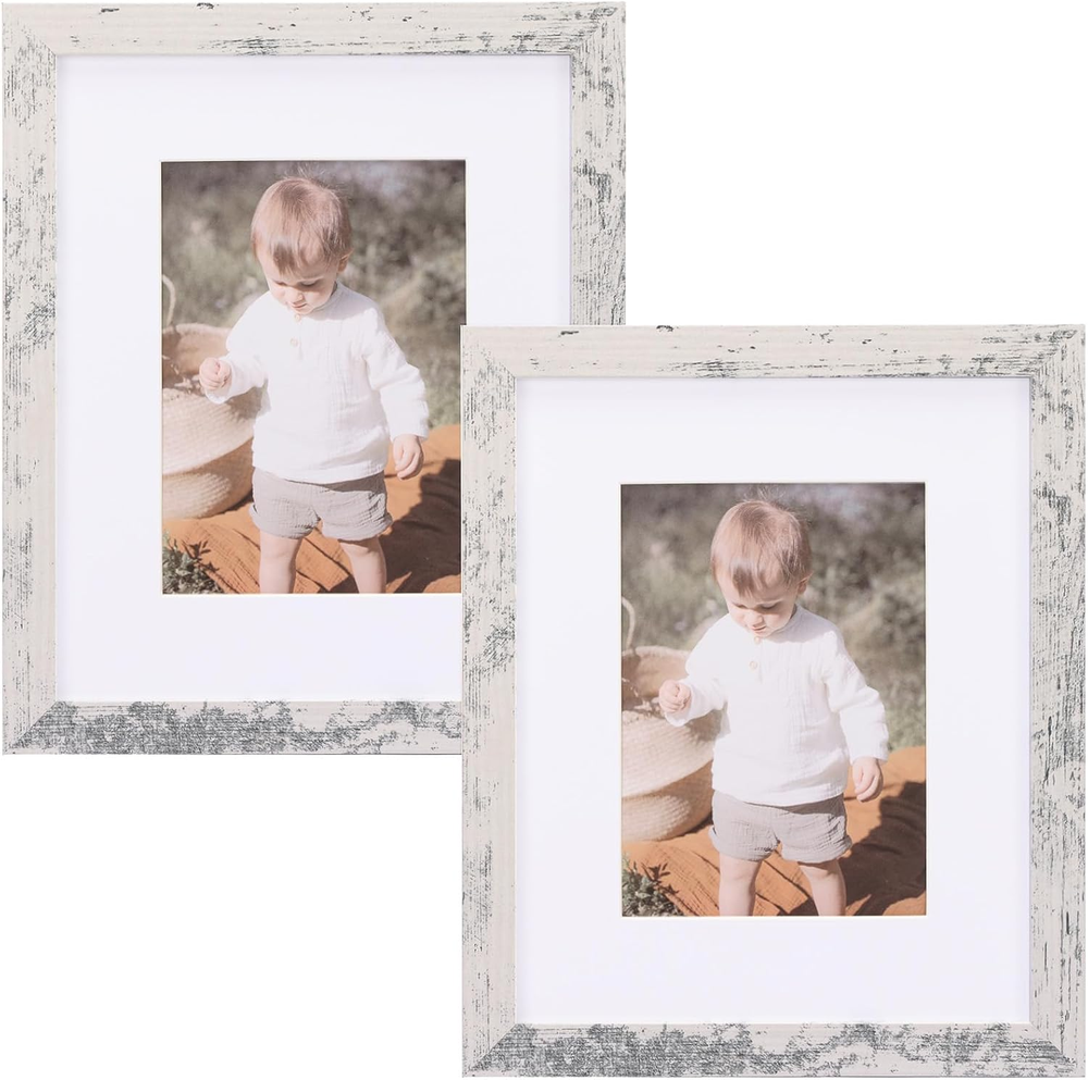 Picture Frames, Set of 2 - 8X10 Distressed White MDF with Real Glass, Matted,...
