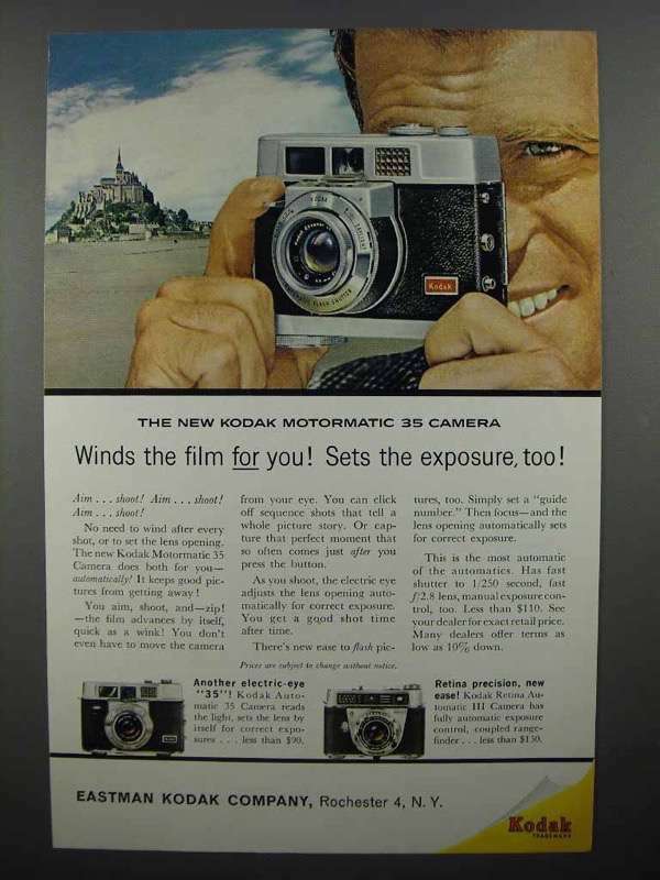 1961 Kodak Motormatic 35 Camera Ad Featuring Automatic Film Winding