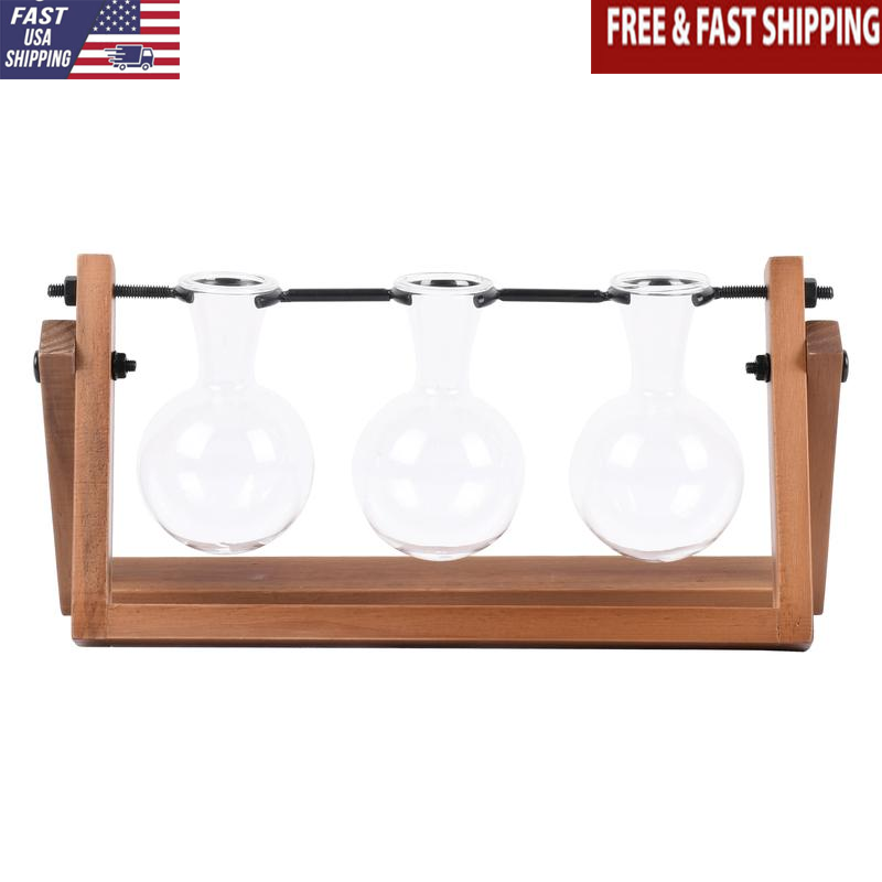 Glass and Wood Propagation Station Set Retro with 3 Bulb-shaped Glass Vases