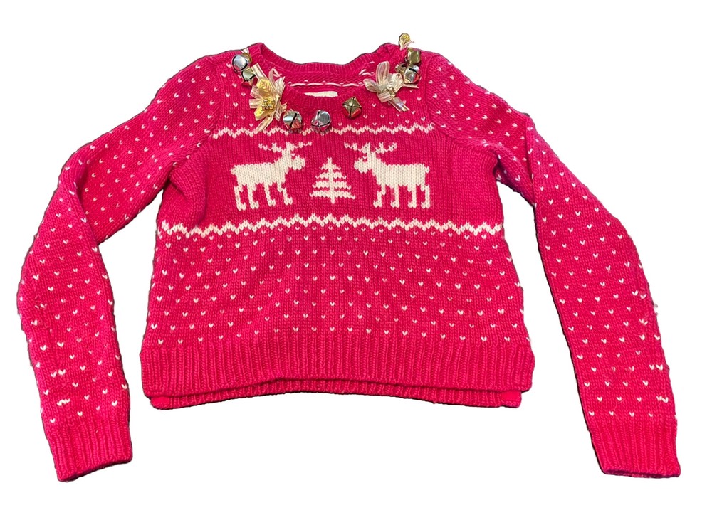 Abercrombie & Fitch Women’s Vintage Pink Moose Reindeer Cropped Sweater Bells S-image