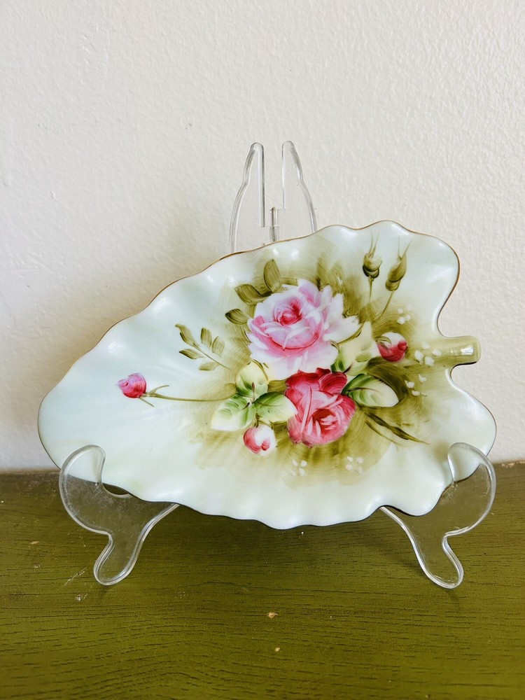 Lefton China Hand Painted Green Cabbage Leaf Rose Trinket Candy Dish 1860  