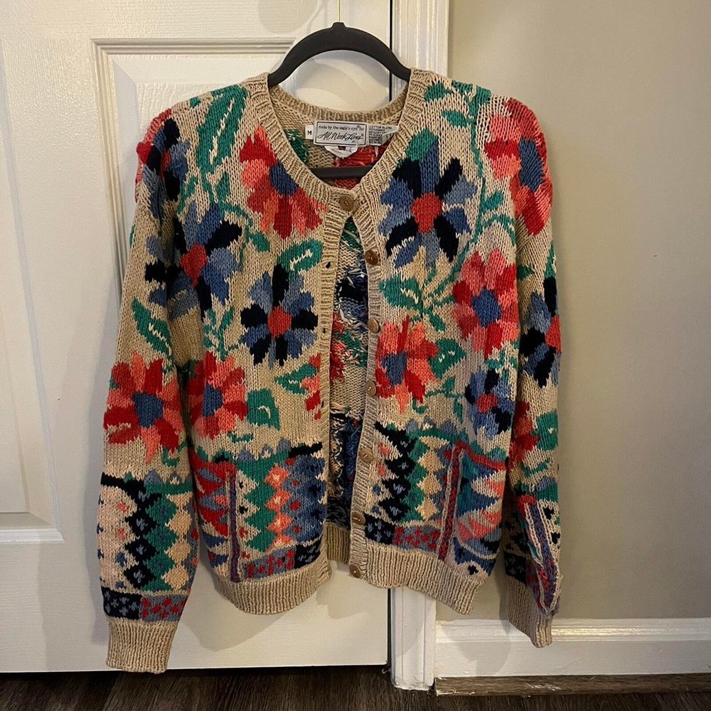 Vintage Eagle’s Eye for All Week Long Hand Knit Floral Cardigan Sweater - Size M