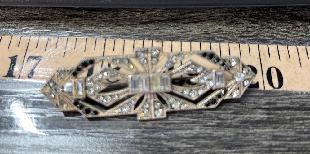 Silver Genuine Onyx Marcasite & Rhinestone Pin Brooch trombone closure