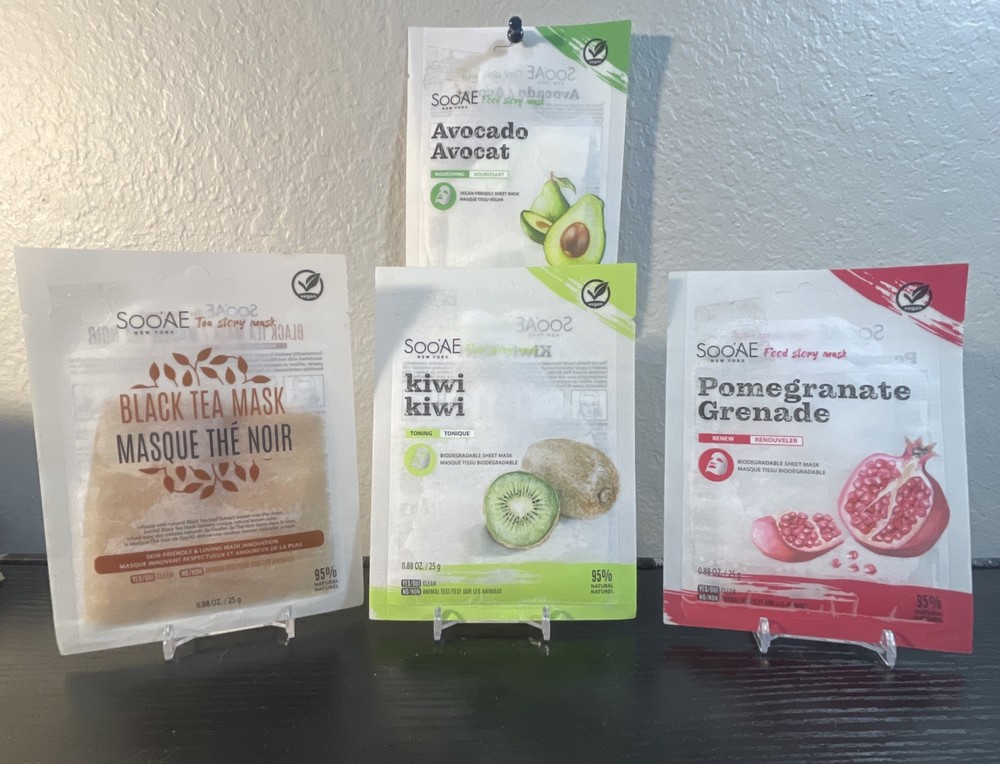 SooAE 4-Pack Facial Masks Avocado Black Tea Kiwi Pomegranate Hydrating Skincare