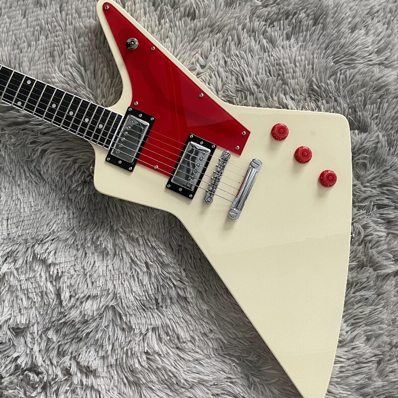 White Explorer 70s Style Electric Guitar Red Pick Guard Chrome Hardware