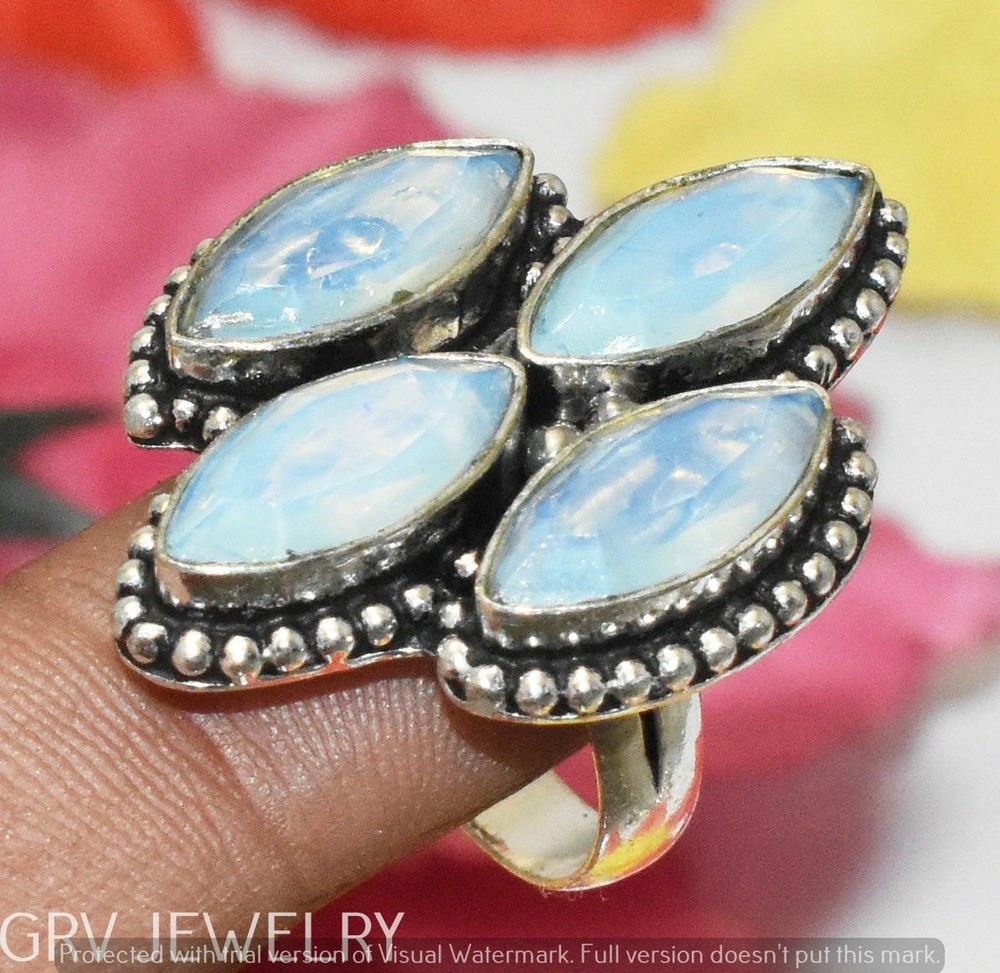 Anillo de piedras preciosas opalita superposición de plata de ley 925 para Estados Unidos talla 9