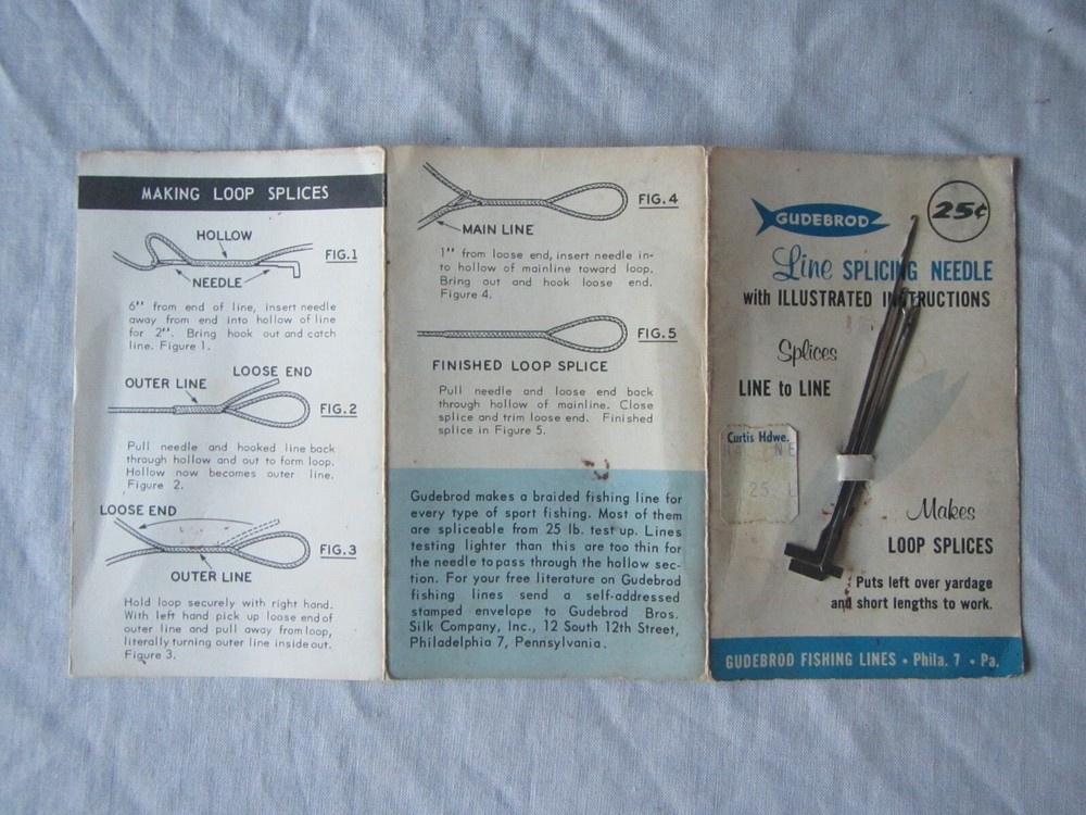set of  4 vintage Gudebrod  fishing line splicing needle  package w/instructions