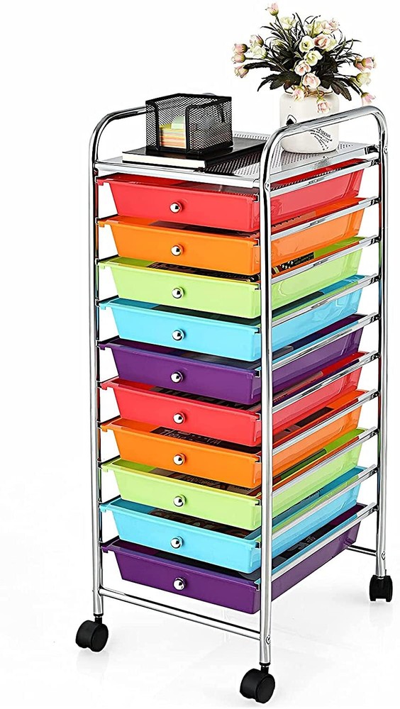 10-Drawer Rolling Plastic Organizer Cart for Tools and Scrapbook Storage