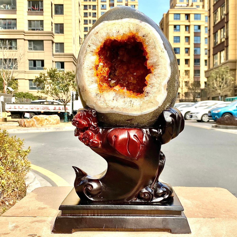 31.24LB Natural citrine cave citrine cluster dinosaur egg decoration+bracket