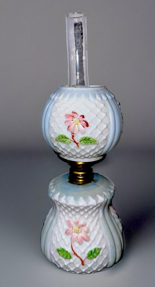 Miniature GWTW Oil Kerosene Lamp Smith 1 #232 Flowers and Lattice Blue and Pink