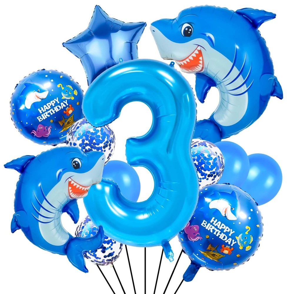 40 Inch 3 Balloon Number Cute Blue Shark Balloons Giant Foil Number 3 Balloon...