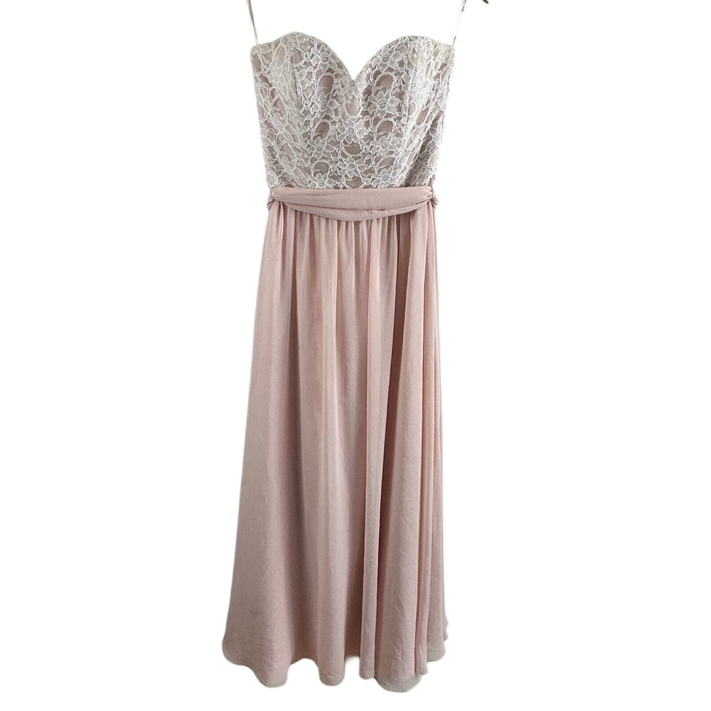 Mori Lee Blush Pink Chiffon Lace Strapless Maxi Dress Gown Bridesmaid Prom
