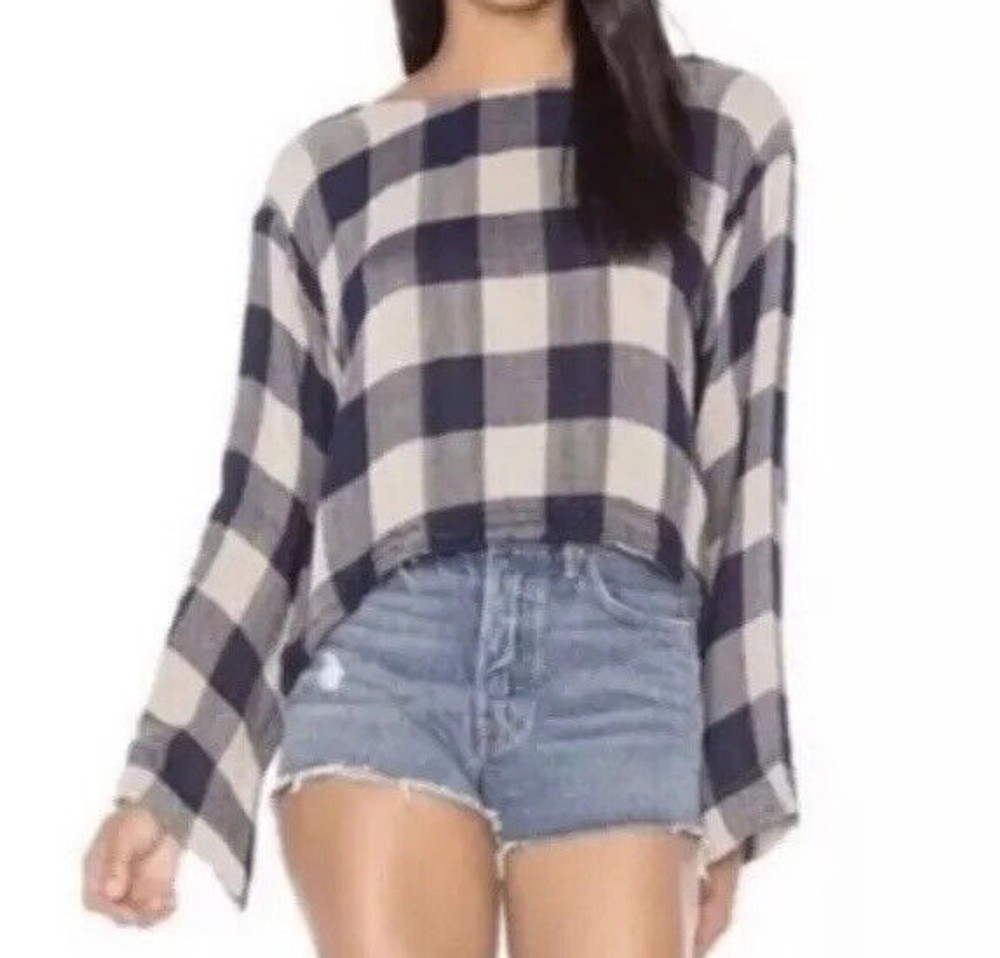 Cloth & Stone Anthropologie Top Womens L Gingham Plaid Button Back cropped boho