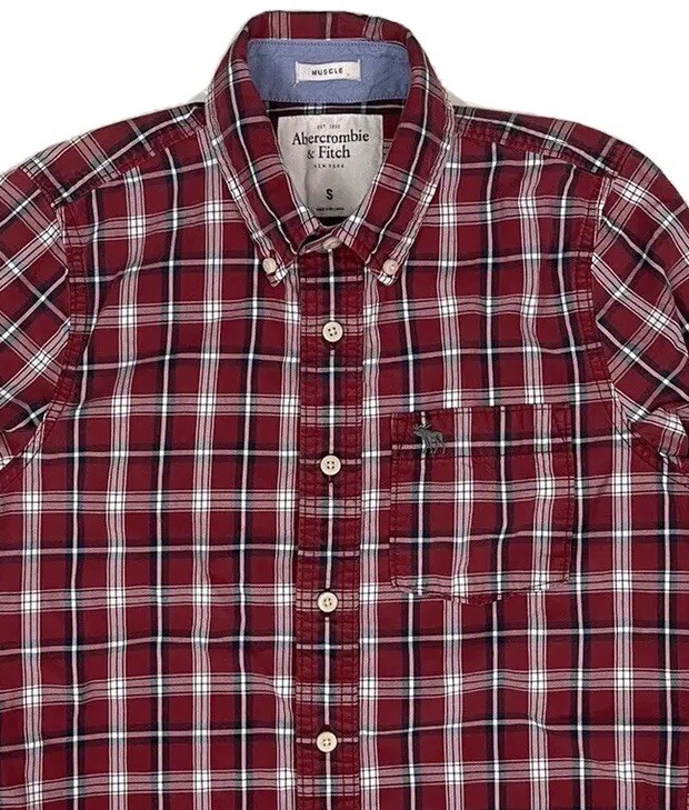 Y2K Abercrombie & Fitch Mens Plaid Shirt Small Red Blue Muscle Fit Moose Logo-image
