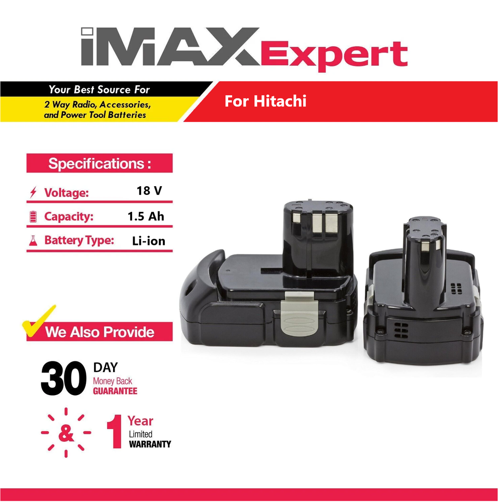 2x 18V 1.5Ah Li-ion Battery for Hitachi BCL1815 EBM1830