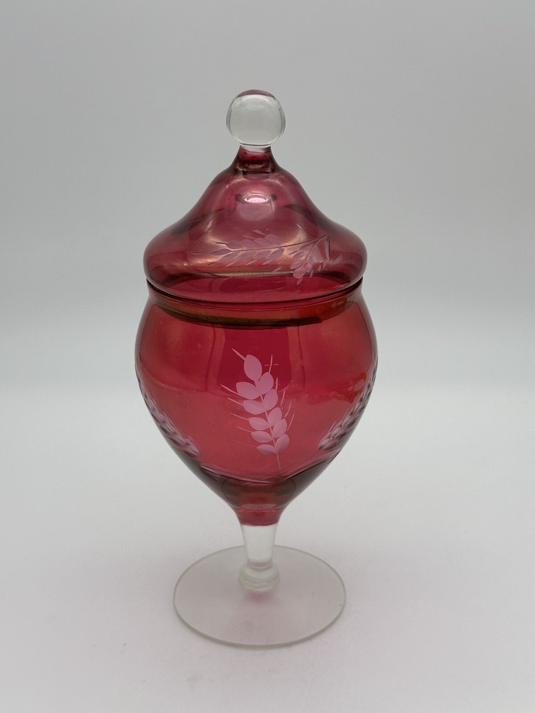 *chipped* vintage Red Glass Candy Dish Bowl & Lid Holiday etched wheat 8.75”