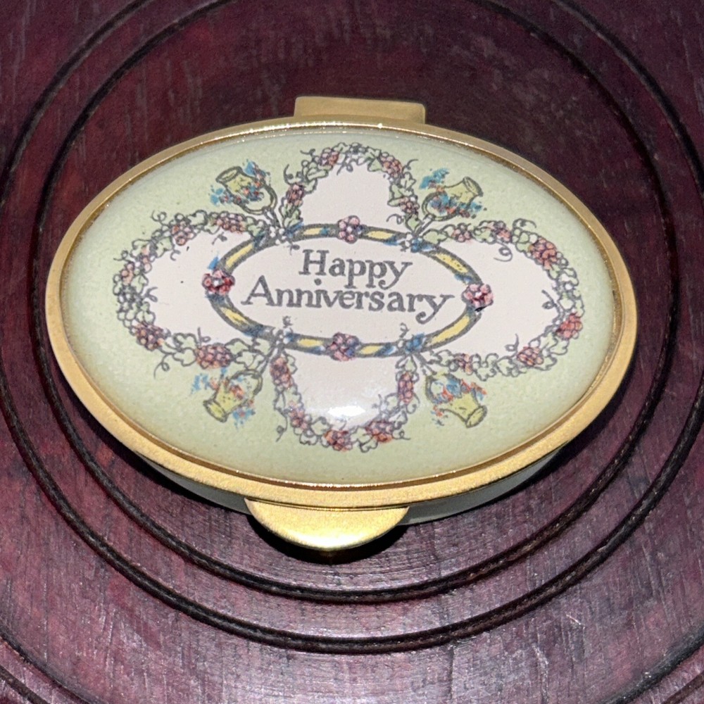 Staffordshire Enamel Trinket Box “Happy Anniversary” Bilston Battersea