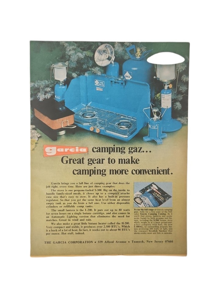 1972 GARCIA CAMPING GEAR PRINT AD Fishing Garage Outdoor Shop Art Full Color