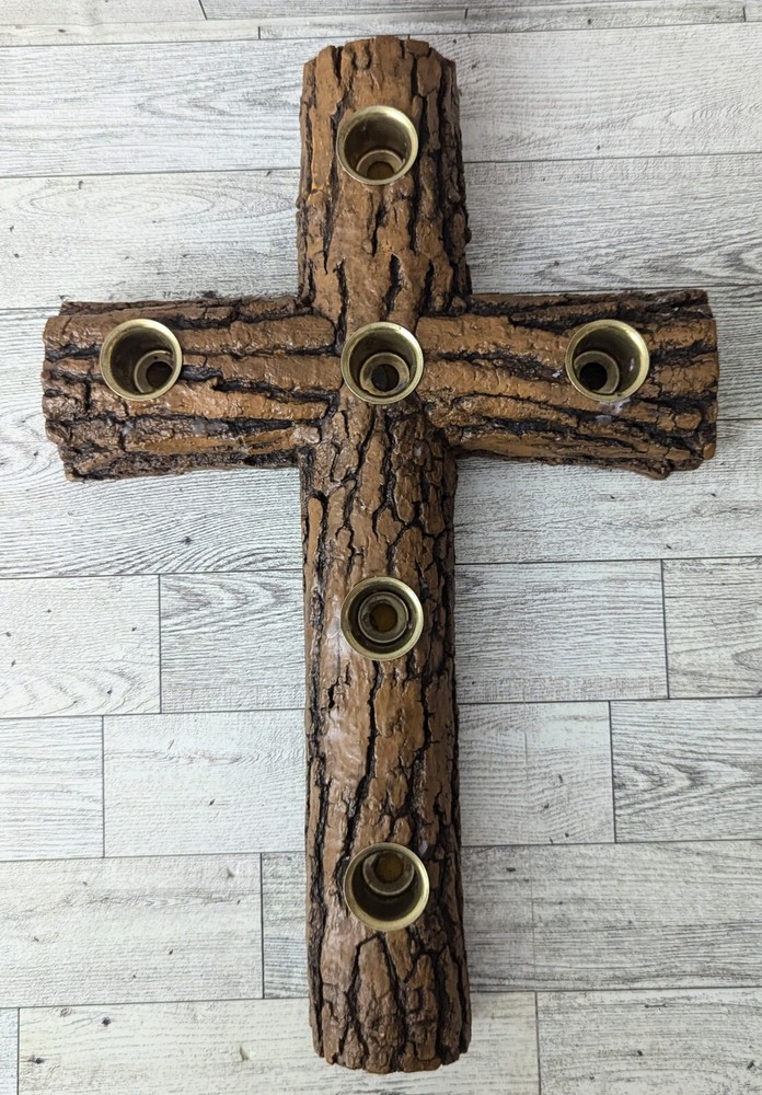 Vintage Abbey Press Advent Candle Holder Resin Cross Log Made In USA 6 Inserts-image
