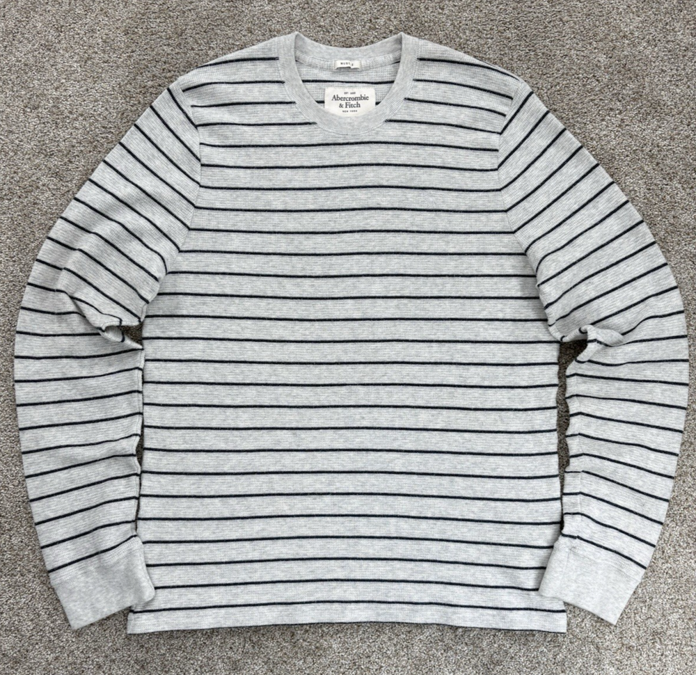 Abercrombie & Fitch Mens XXL Long Sleeve Muscle T-Shirt Gray Stripe Thermal Knit-image