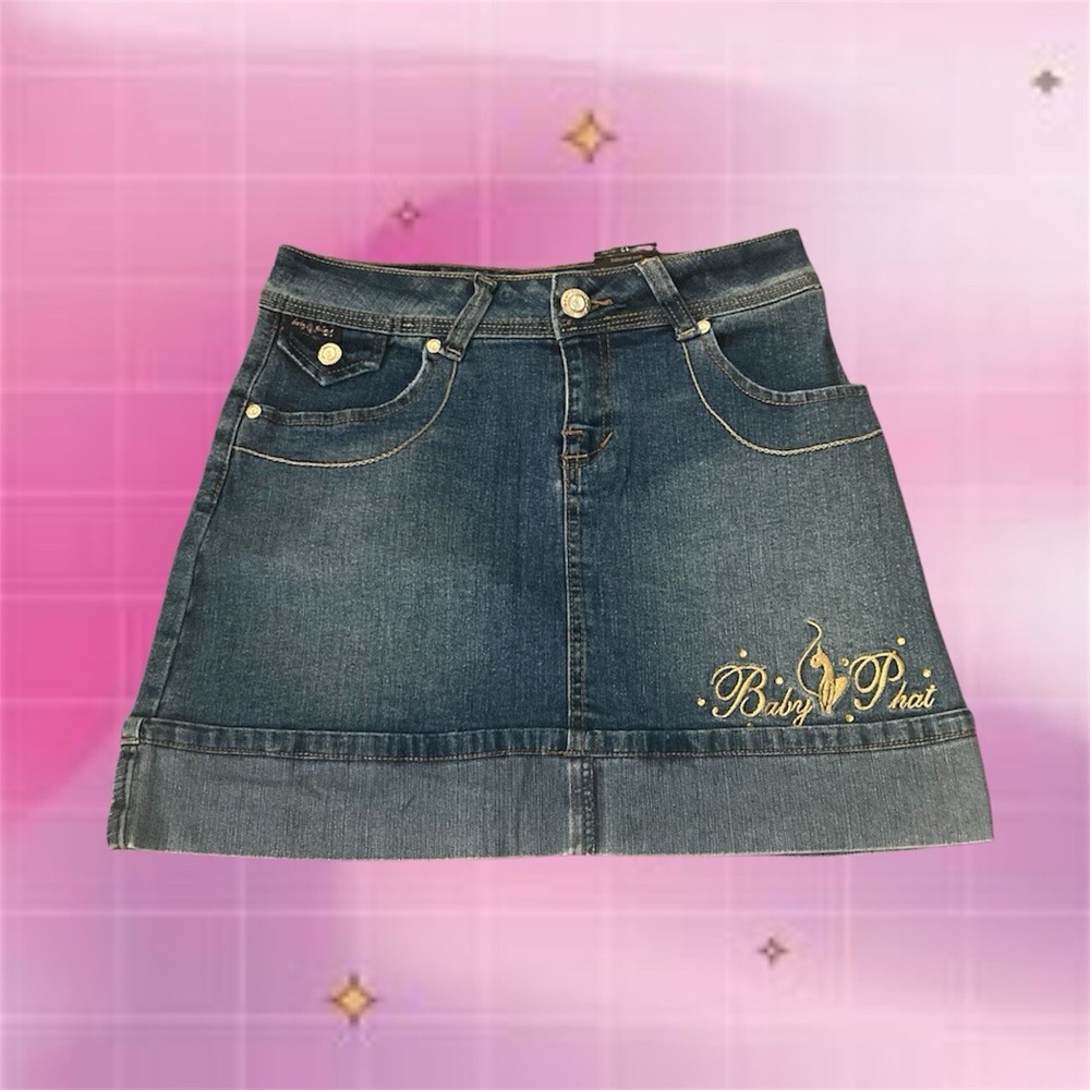 NWT Vintage Y2k Baby Phat Gold Rhinestone Jean Mini Skirt