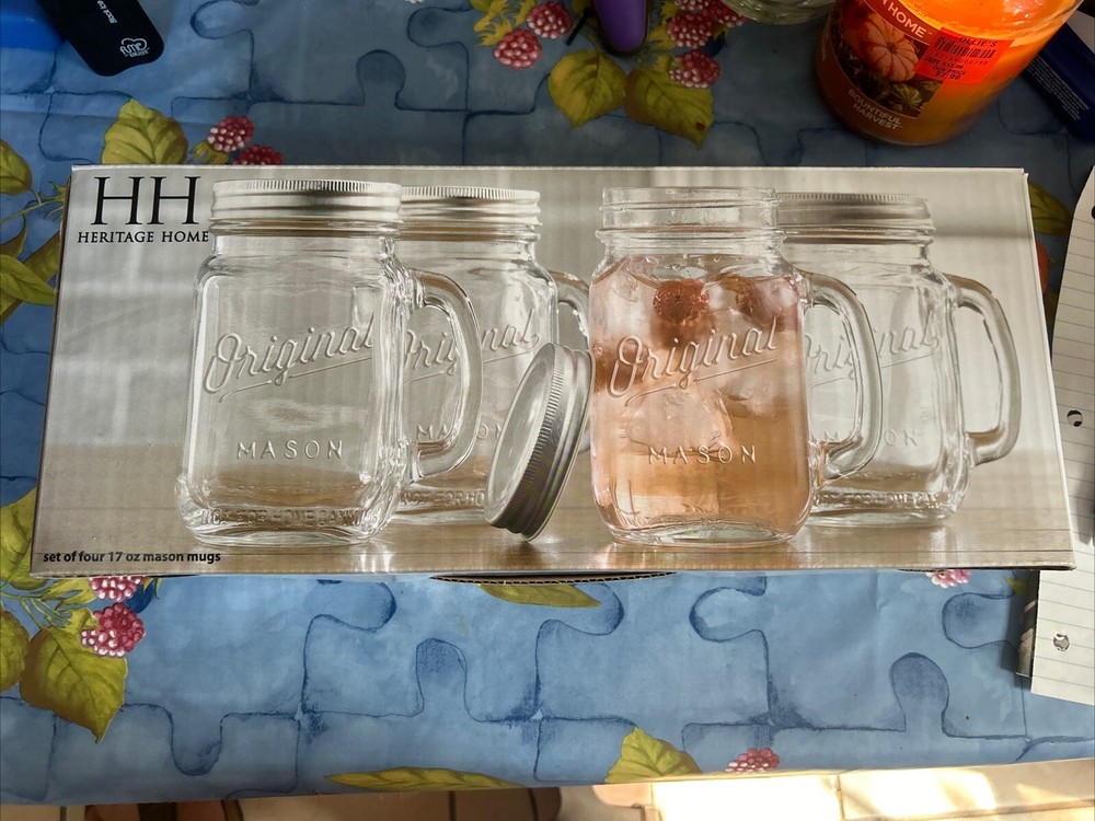 Heritage Home - Set of Four 17oz mason mugs - New In Box - Glass Mugs With Top