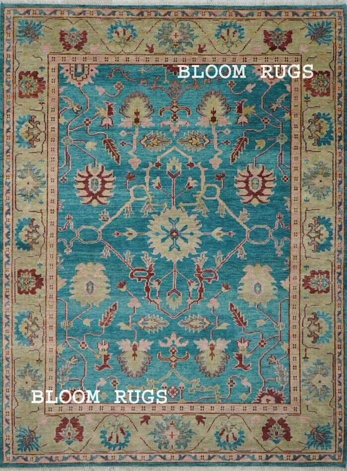 Handmade Traditional Teal 9x12 ft Oushak Wool Area Rug | Customizable Carpet