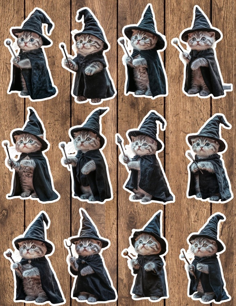 Wizard Cat Die Cut Vinyl Stickers Set Scrapbooking Laptop Waterbottle