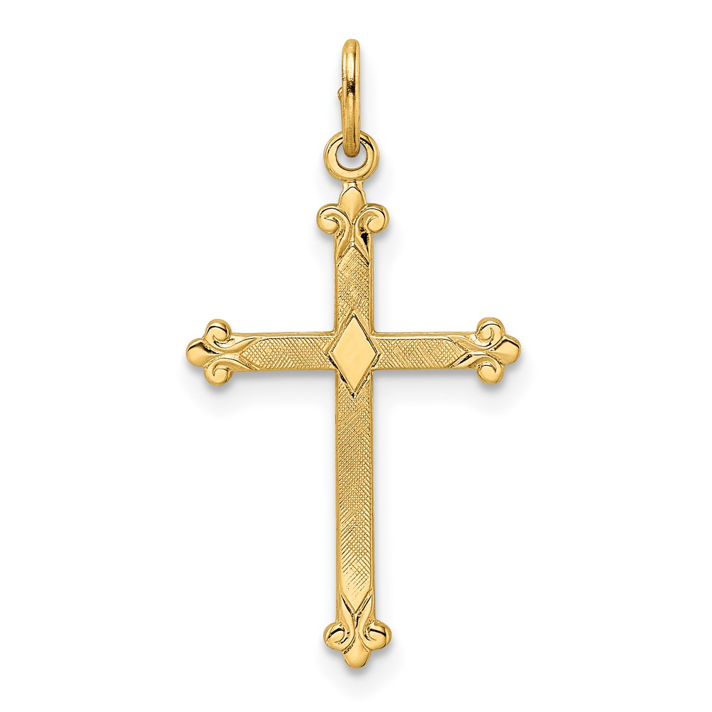 14k Yellow Gold Polished and Textured Solid Diamond Shape Cross Pendant - 26mm