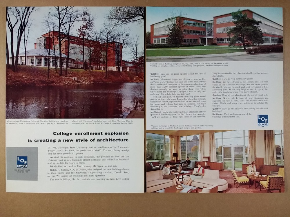1961 MSU Michigan State Univ New Buildings photos LOF Glass vintage print Ad
