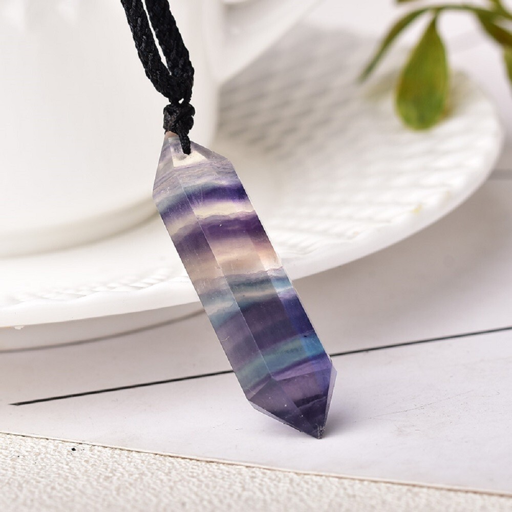 Rainbow Fluorite Hexagon Crystal Adjustable Pendant Necklace Natural Stone