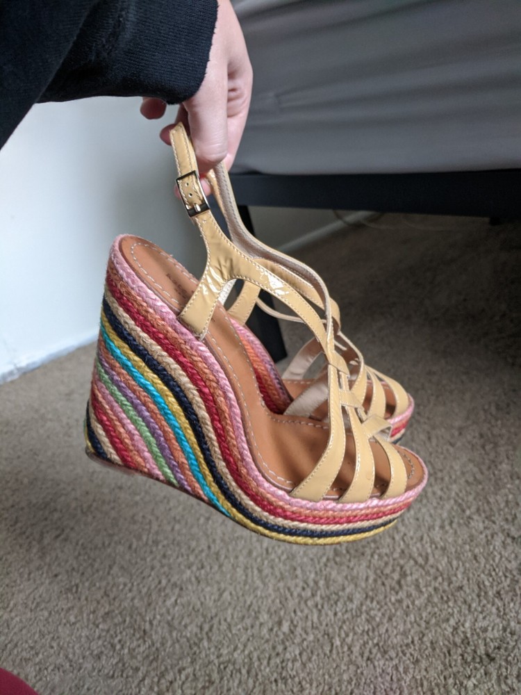 Kate Spade Lindsey Wedges Rainbow Nude Leather Strappy Sandals