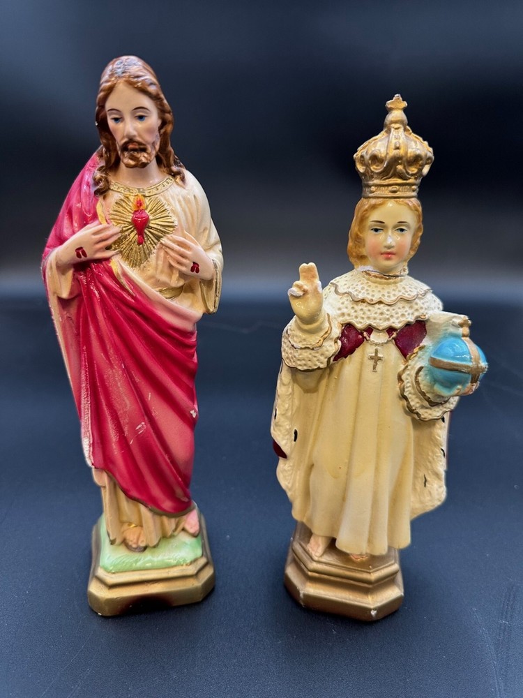Vtg Depositato Sacred Heart Jesus & Infant of Prague Figurines  Made in Italy