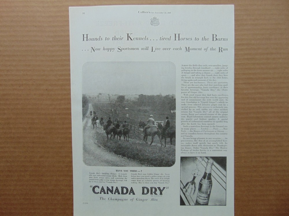 1930 CANADA DRY Ginger ALE  Returning Fox Hunters vintage art print ad